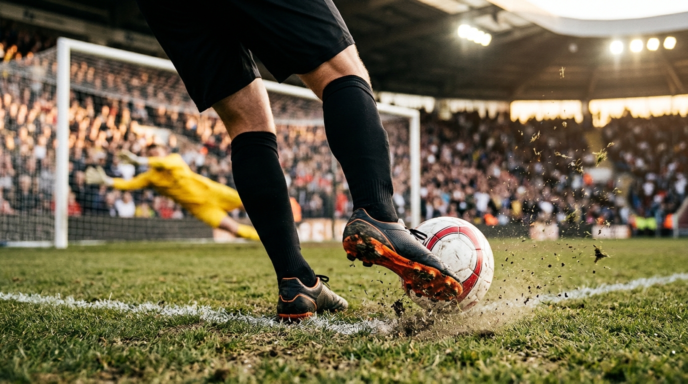 Football player striking the ball toward goal with a diving goalkeeper blurred in the background
