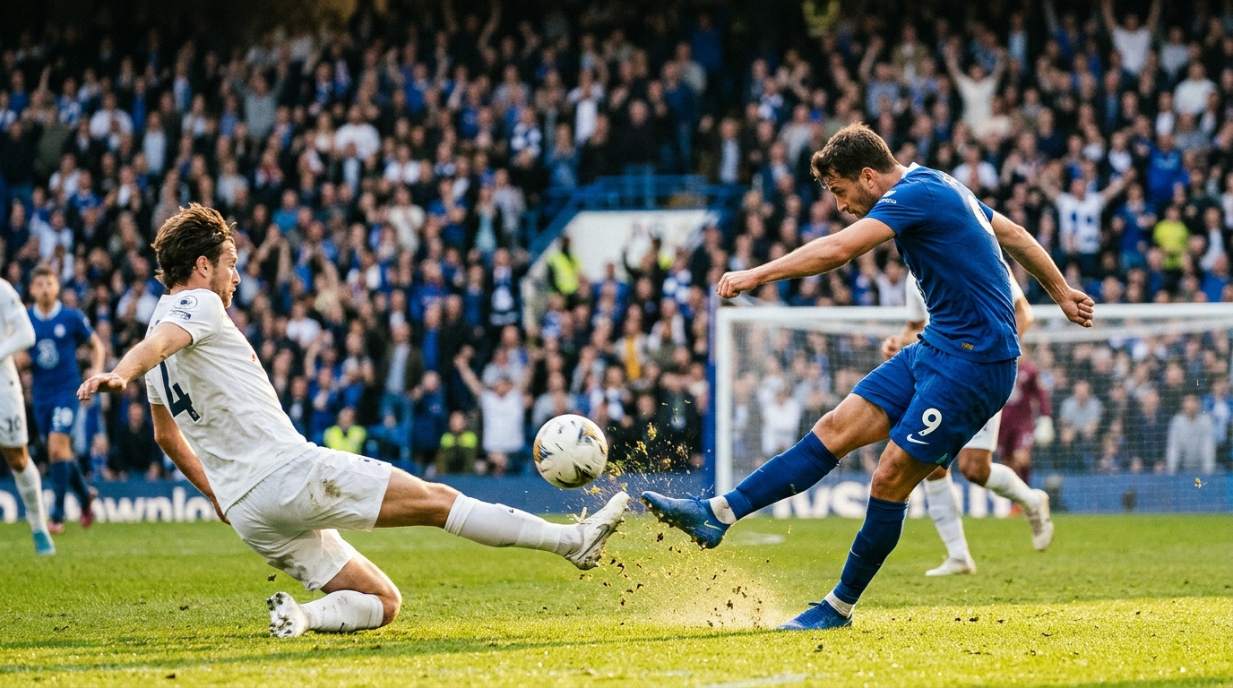 Striker in blue shooting under pressure from a defender in white inside the penalty area