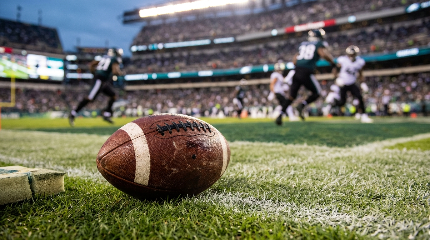 American football on the grass near the sideline under stadium floodlights