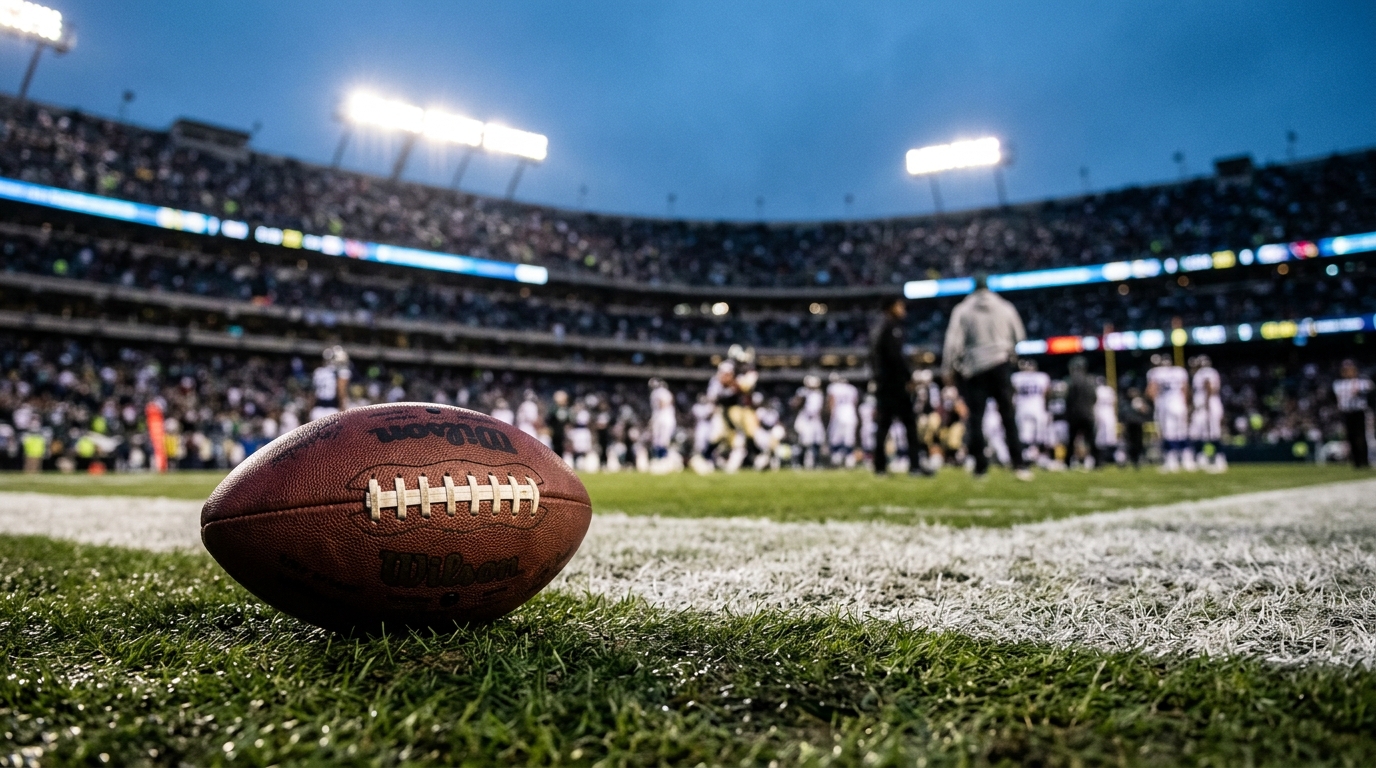American football on the sideline under stadium lights before an NFL game