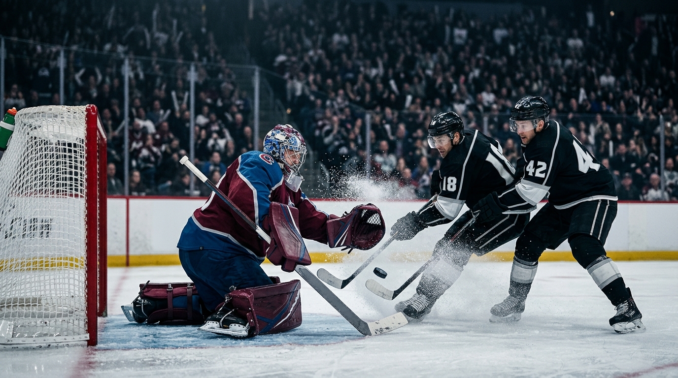 A goaltender makes a save as opposing players crash the net during an NHL game