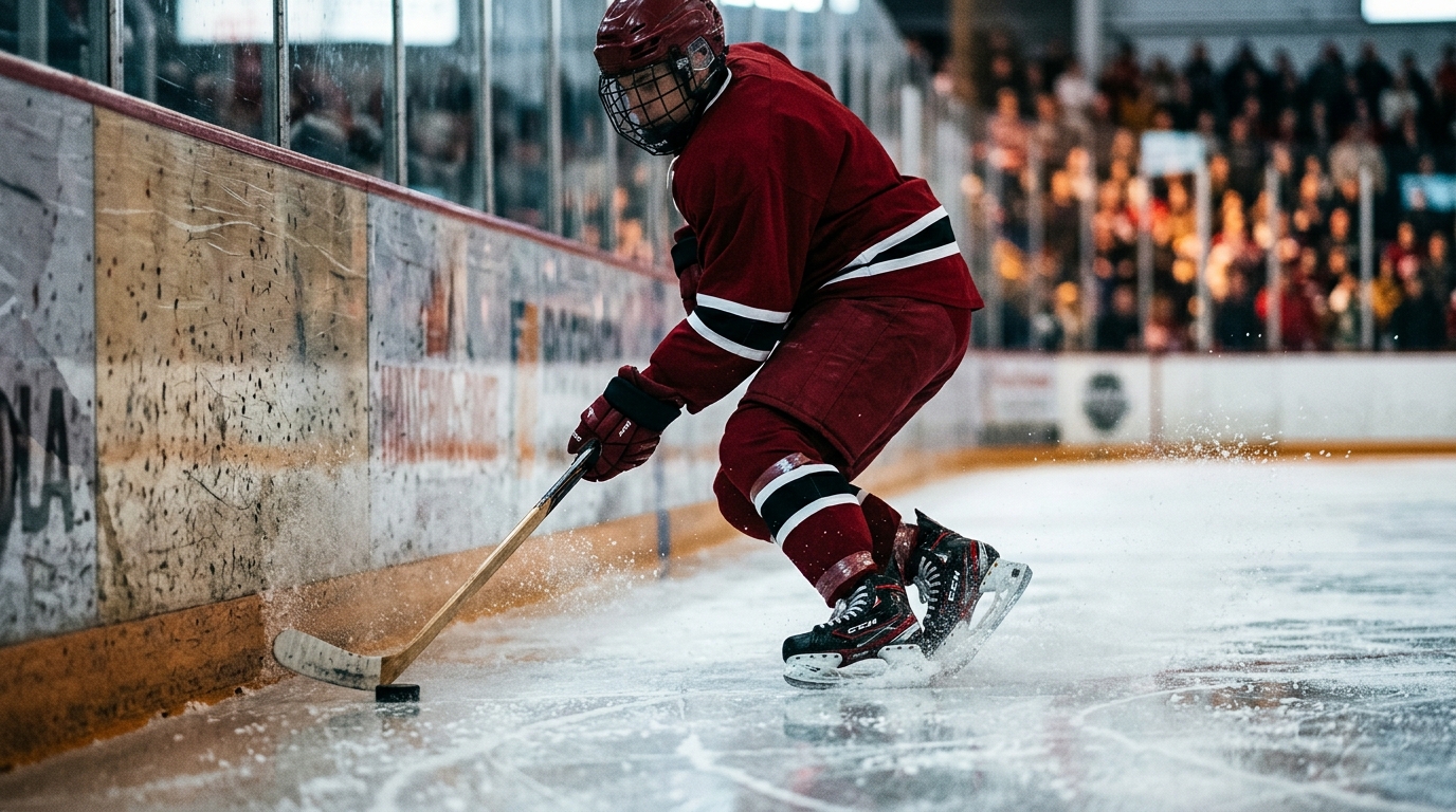 Hockey player in a plain dark red jersey skating with the puck along the boards inside an arena