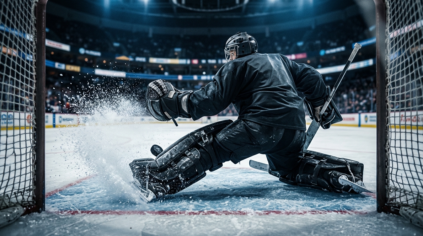 A goalie in generic gear makes a pad save with ice spray flying.