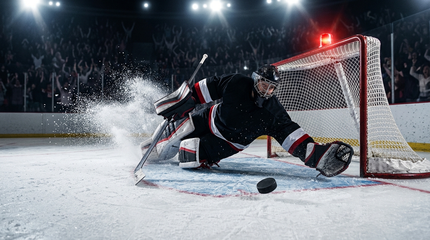 Hockey puck crossing the goal line as an unmarked goaltender lunges across the crease