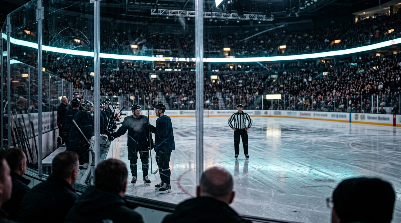 Anonymous hockey players waiting near the bench during a stoppage in a brightly lit arena