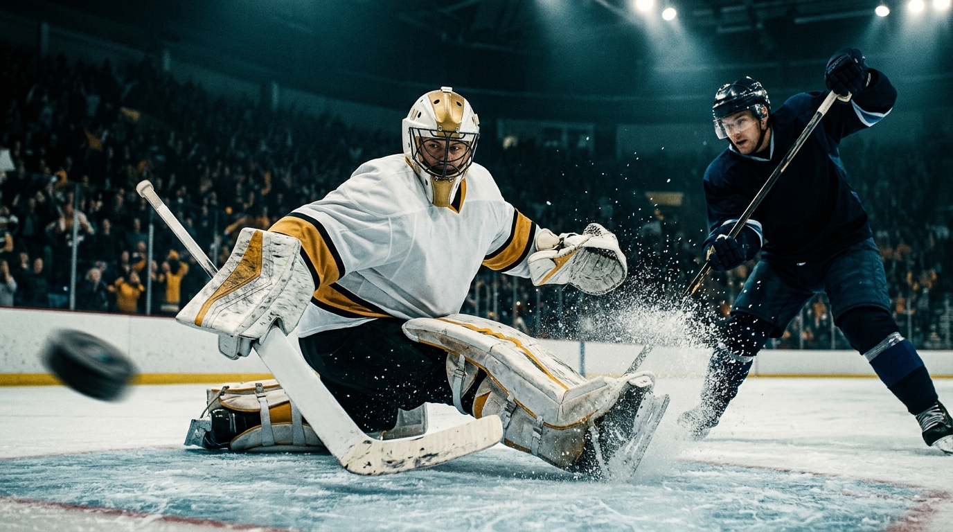 Generic goaltender in a plain white and gold uniform making a pad save as an opposing forward in a dark jersey drives the net