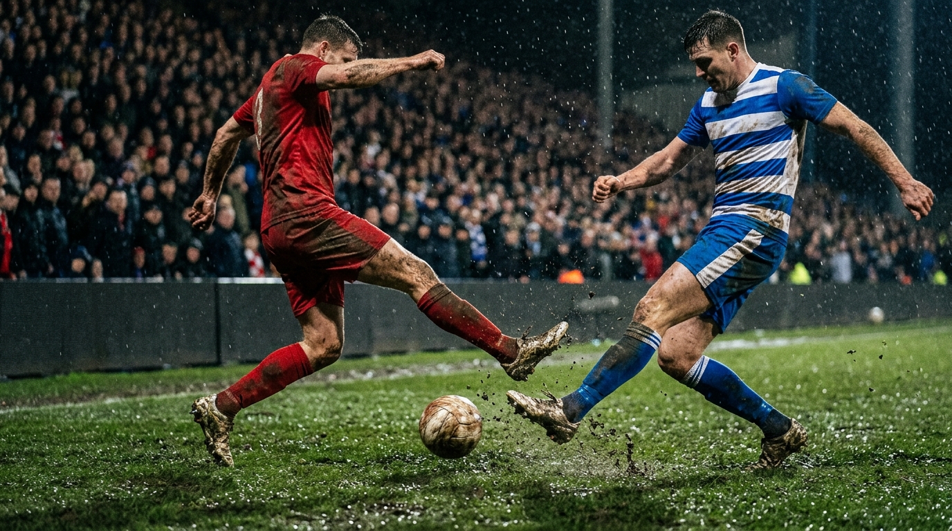 Two footballers in plain red and blue-and-white kits contesting a bouncing ball on a wet floodlit pitch