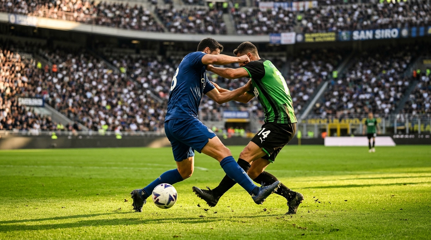 Two players in unbranded kits contesting a loose ball on a Serie A pitch