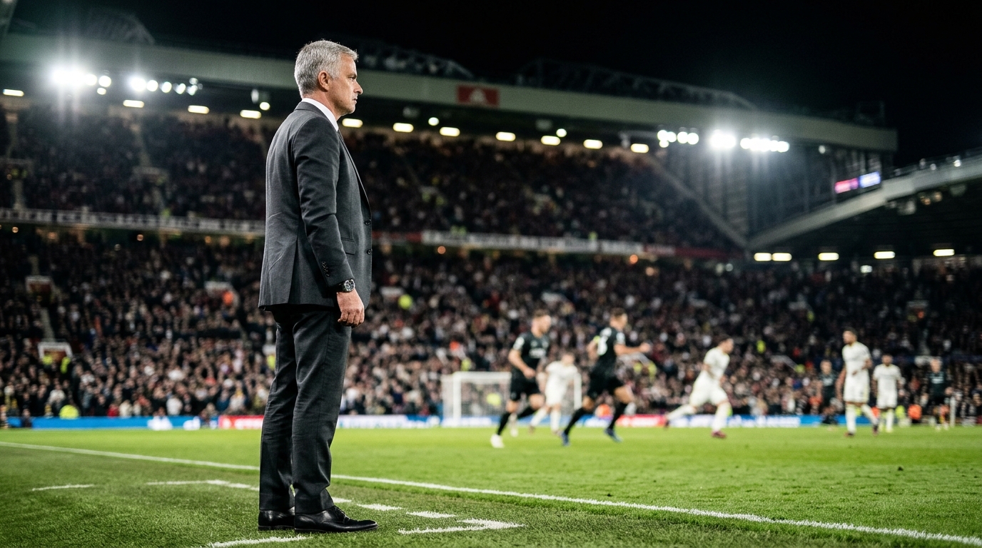 Football coach watching from the touchline under floodlights