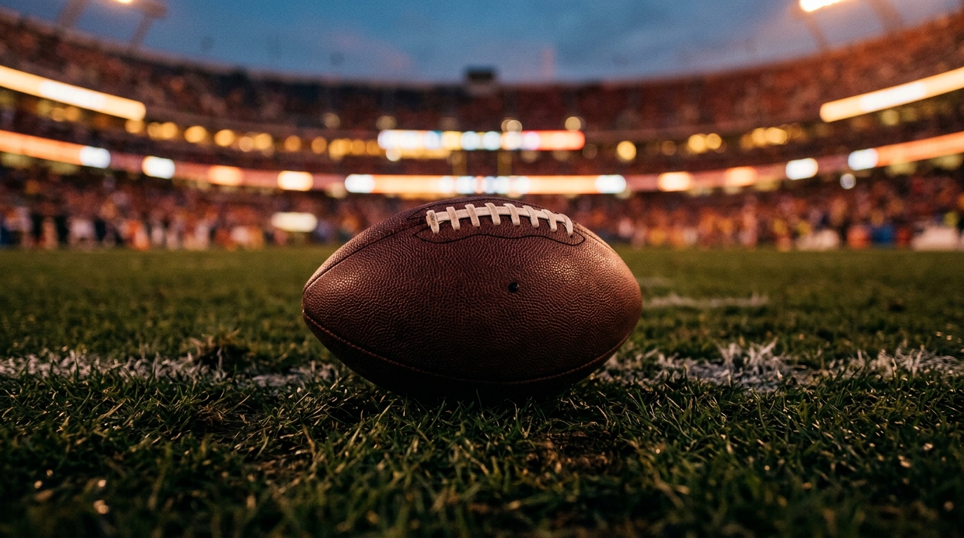 American football on a grass field under stadium lights, symbolizing the matchup.