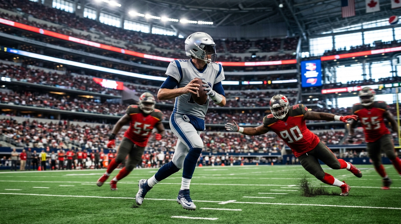 Generic quarterback in a silver-and-blue uniform preparing to throw under pressure in a domed stadium