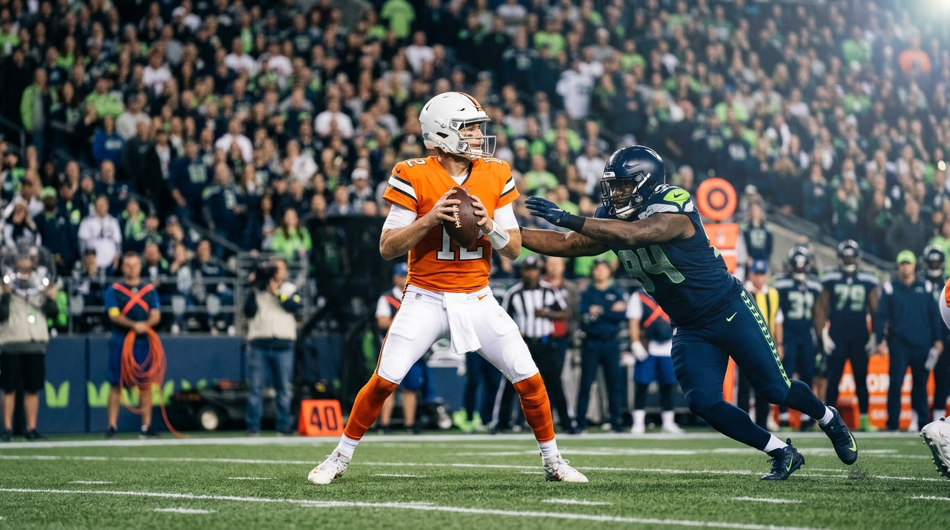 Unbranded quarterback under pressure from a defender during a primetime NFL game under stadium lights