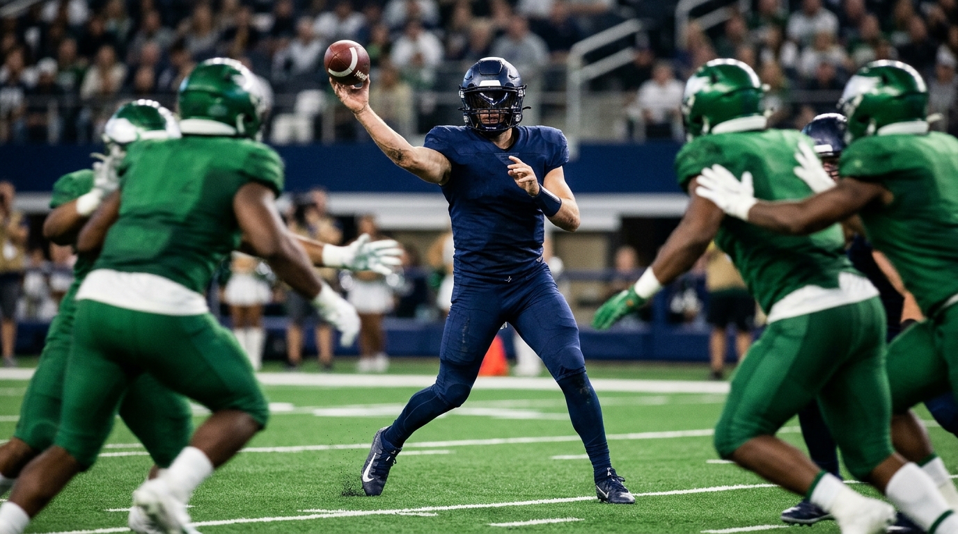 Quarterback in a generic blue uniform releasing a pass under indoor stadium lights