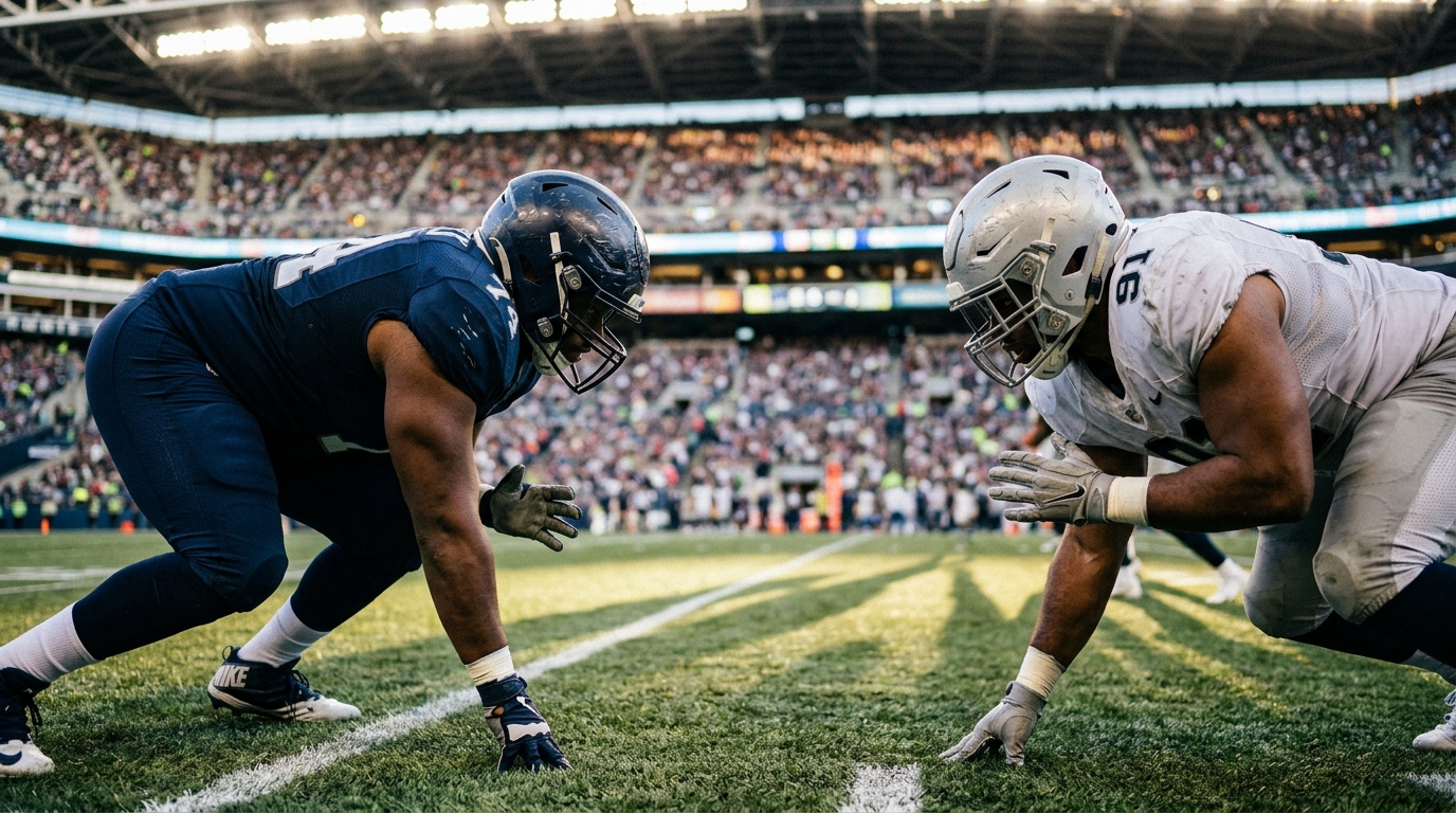 Two football linemen facing off at the line of scrimmage under stadium lights