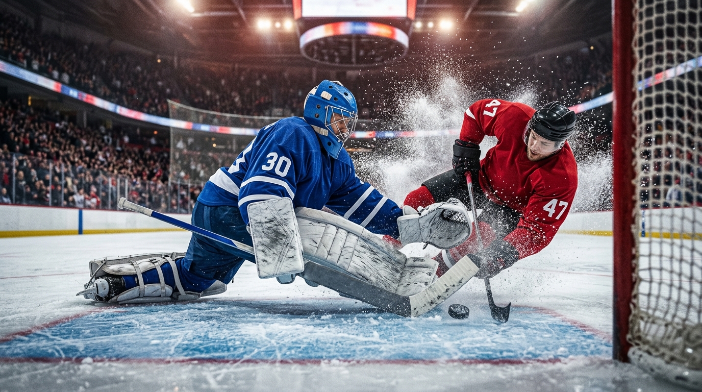 Goaltender in blue makes a save as a red-jerseyed player crashes the net