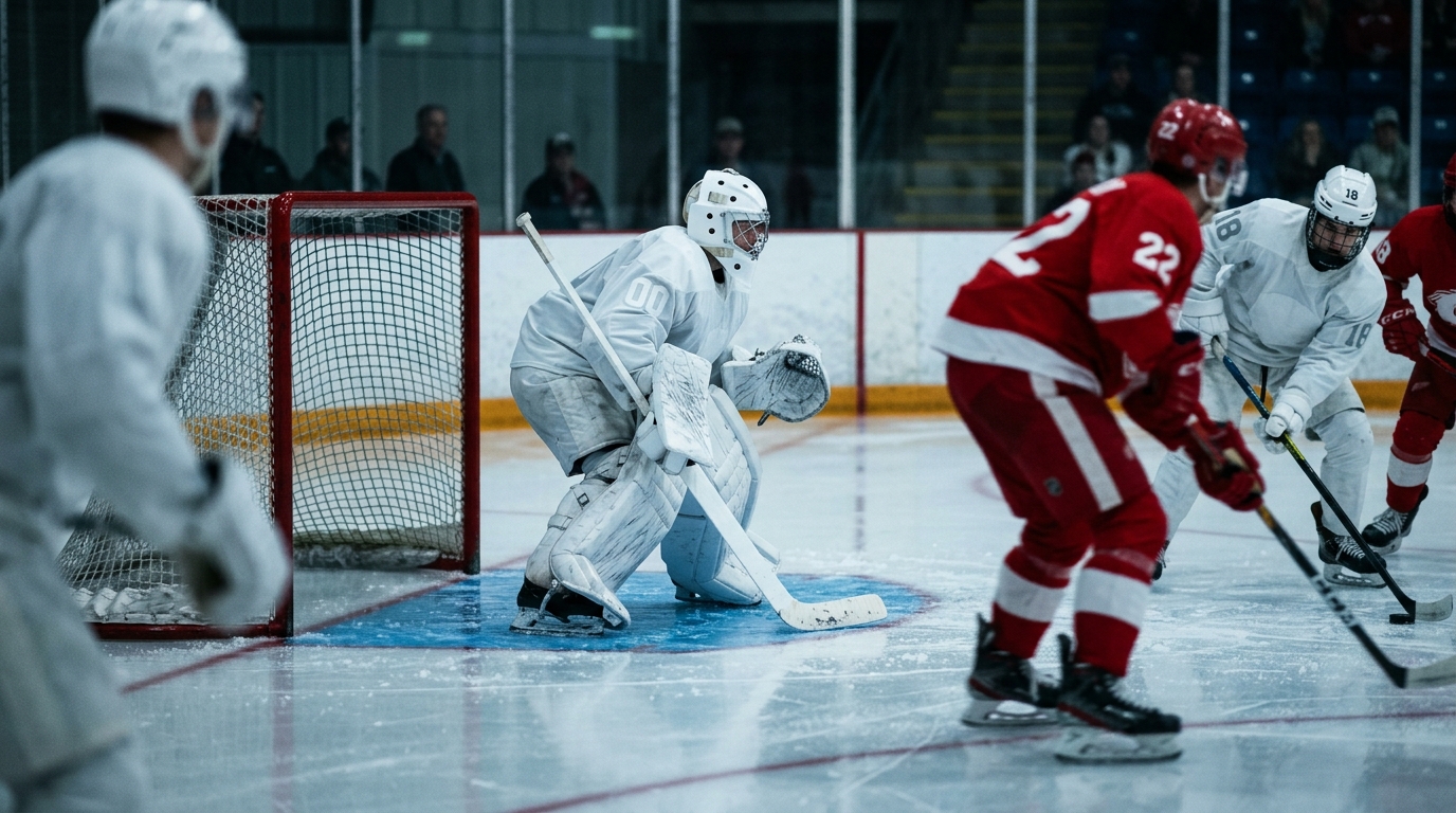Generic goaltender in white pads in the crease during an NHL game