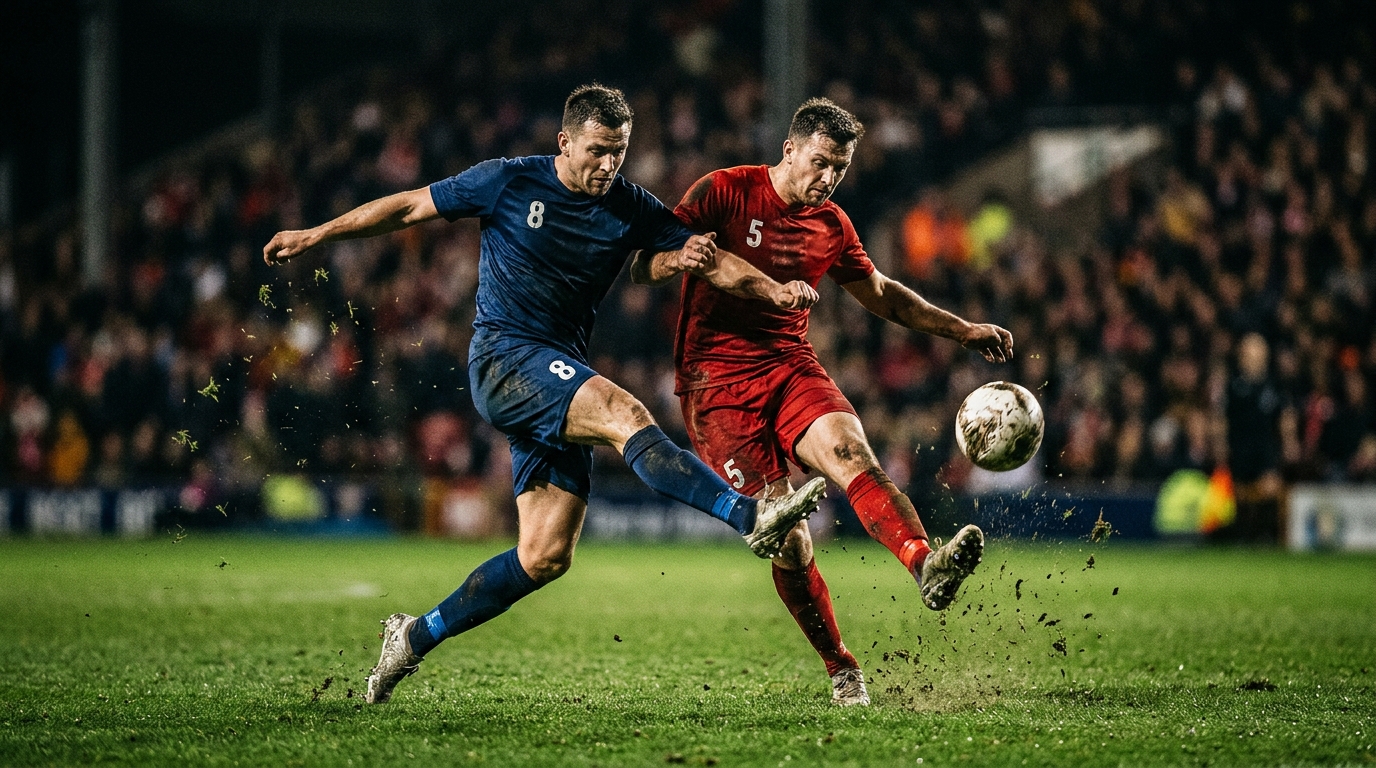 Two footballers challenge for a bouncing ball under floodlights