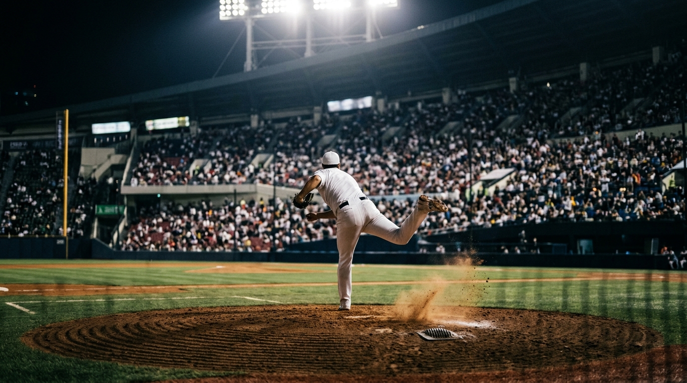 Pitcher delivering to the plate under floodlights in a KBO stadium at night