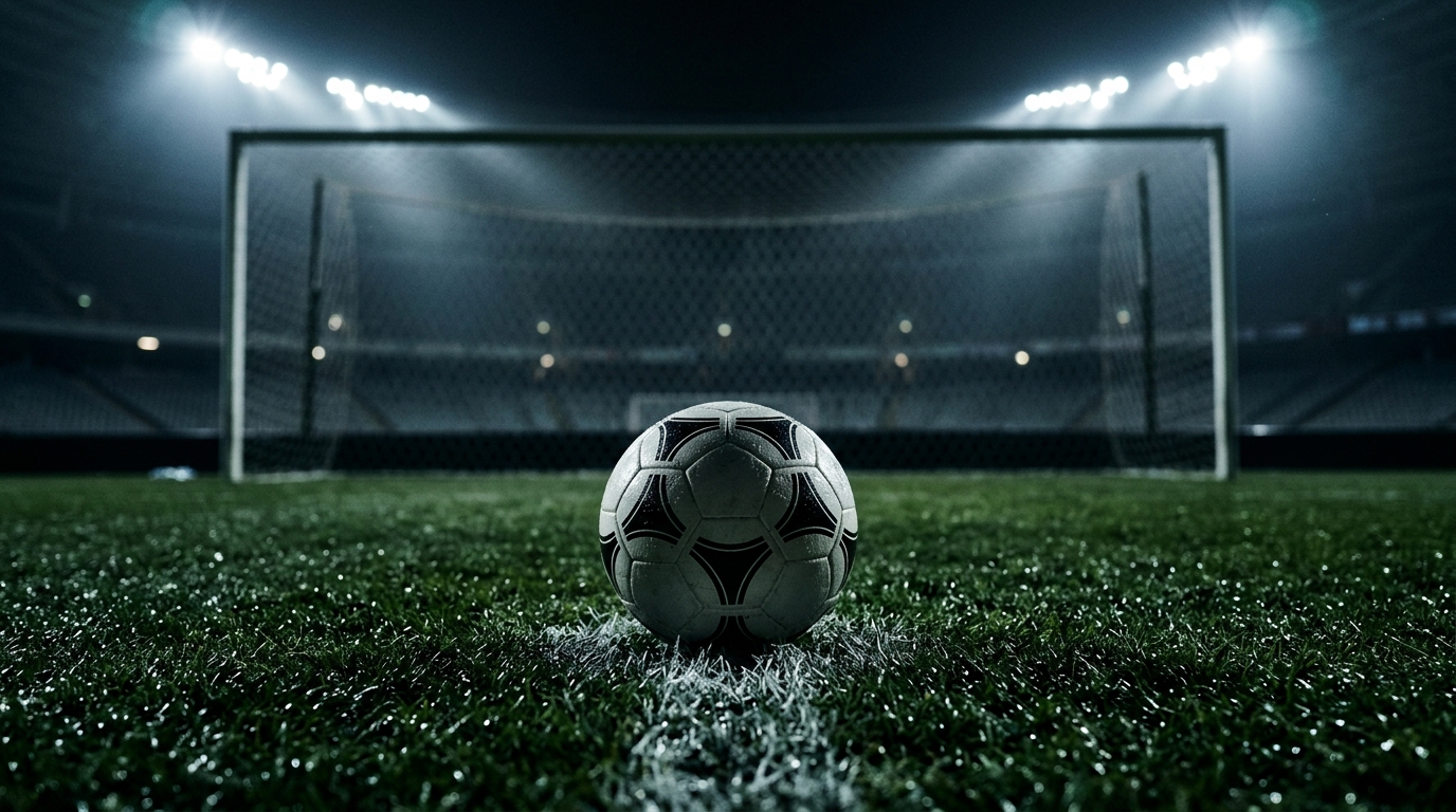 Football on the penalty spot under floodlights on a dewy pitch before a La Liga night match