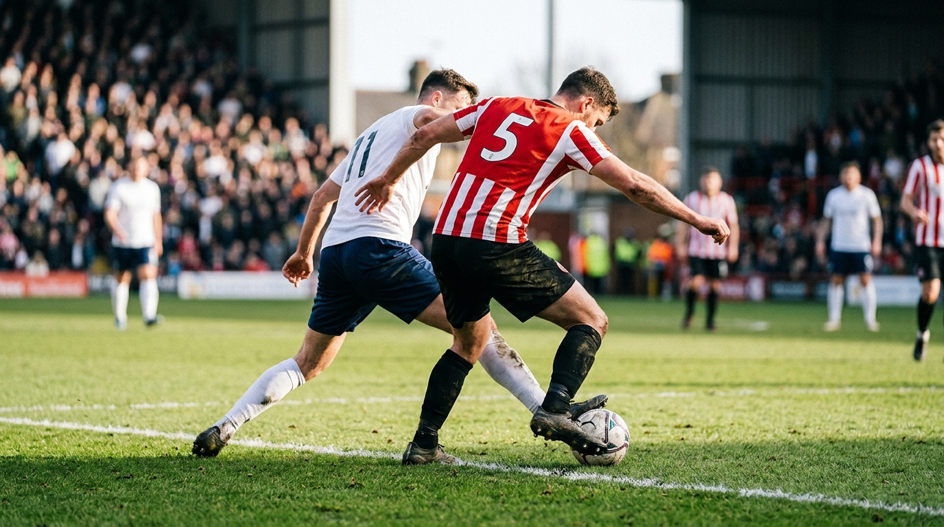 Generic defender shielding the ball from an attacker near the penalty area in a stadium