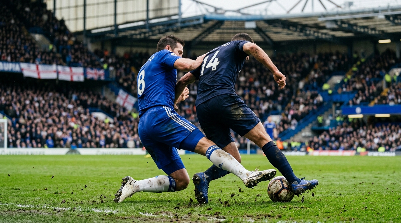 Two footballers in blue and dark kits challenge for a loose ball in midfield on a Premier League pitch
