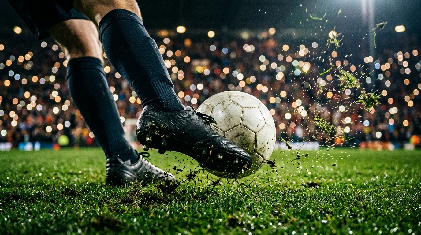 Football boot striking the ball on a green pitch under stadium lights