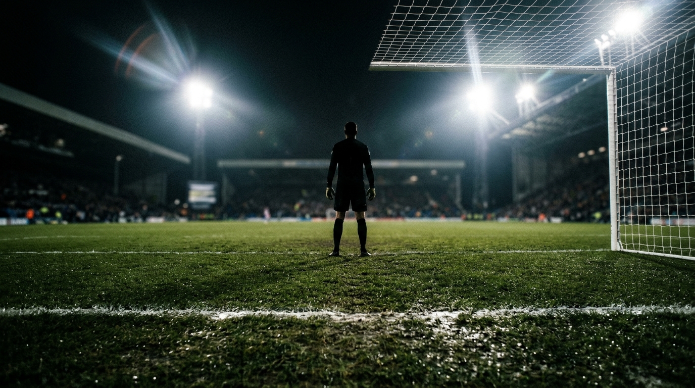 Floodlit goal net and penalty area on a European night before kick-off