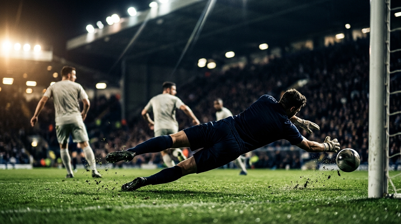 Goalkeeper diving low as the ball skims past during a night match