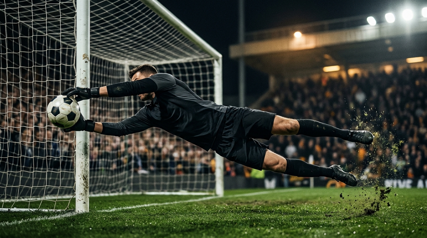 Goalkeeper in a dark kit diving at full stretch to push the ball wide of the post under floodlights