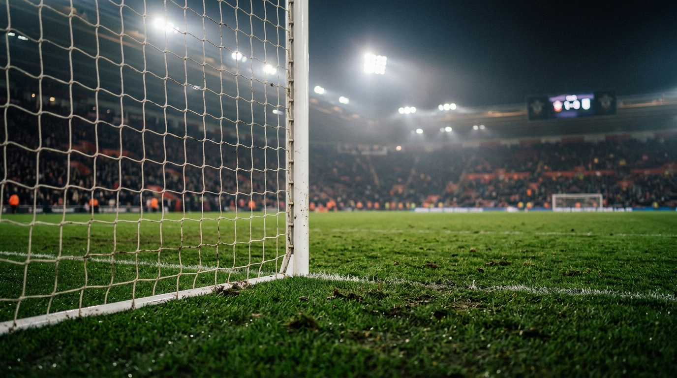 Goal net and post in a floodlit stadium after full time