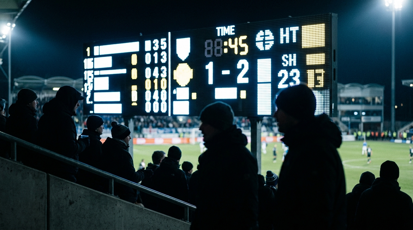Stadium scoreboard glowing at night during a football match