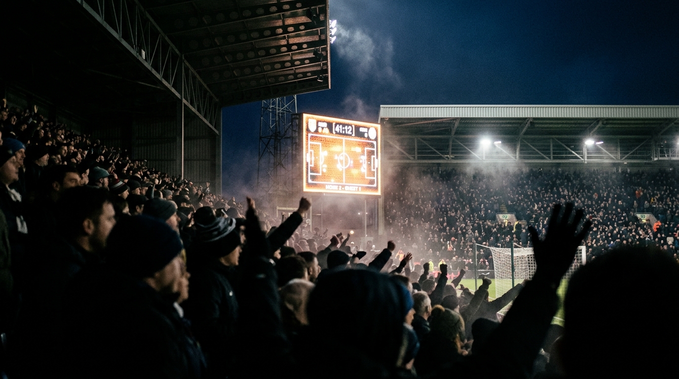 Glowing stadium scoreboard above a blurred crowd at night