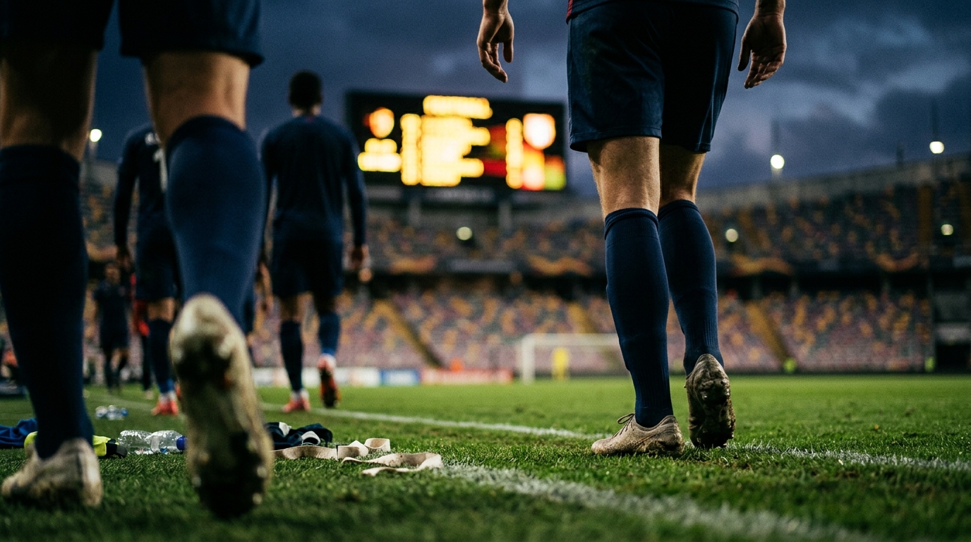 Blurred players walking off at full time beneath a glowing stadium scoreboard