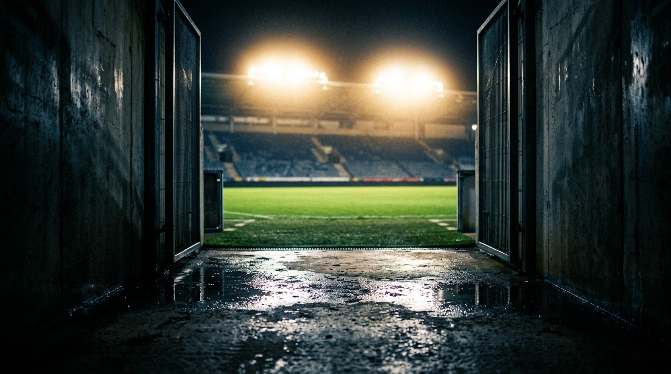 Stadium tunnel at night with floodlight glow spilling onto the pitch before a Monday football match.