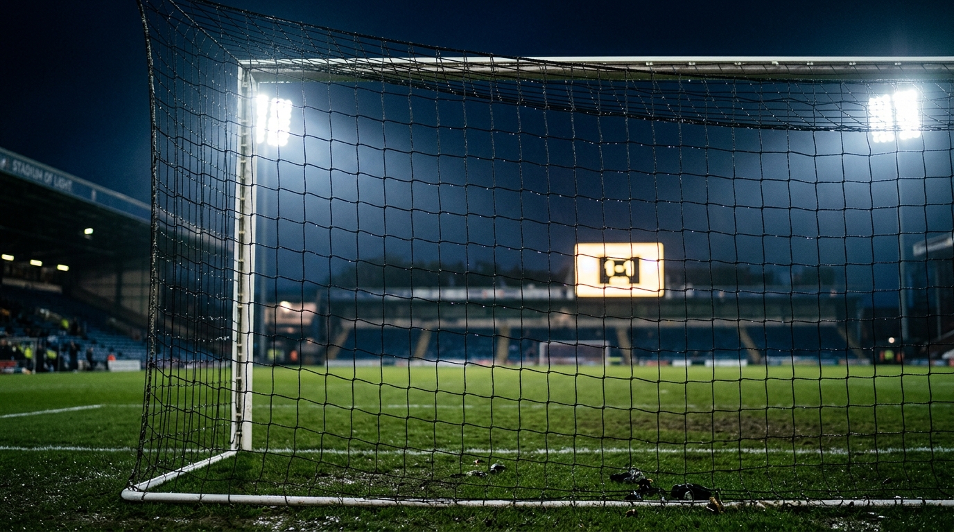 Goal net and posts under stadium floodlights after a full-time whistle
