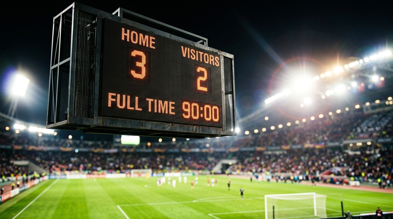 Stadium scoreboard glowing at night after a football match