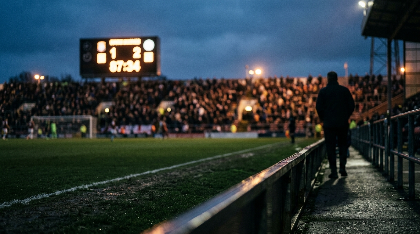 Glowing stadium scoreboard at dusk above a damp pitch edge