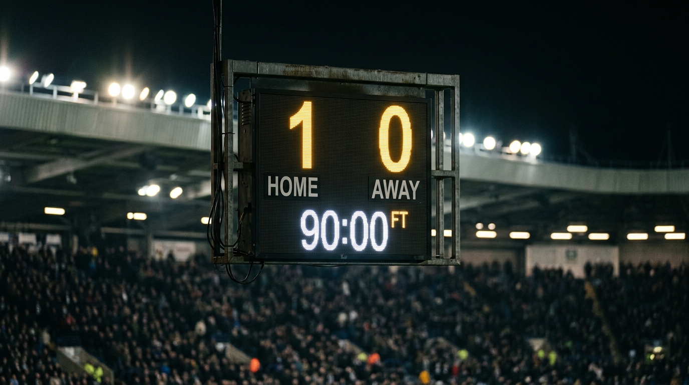 Stadium scoreboard showing a 1-0 result under floodlights.
