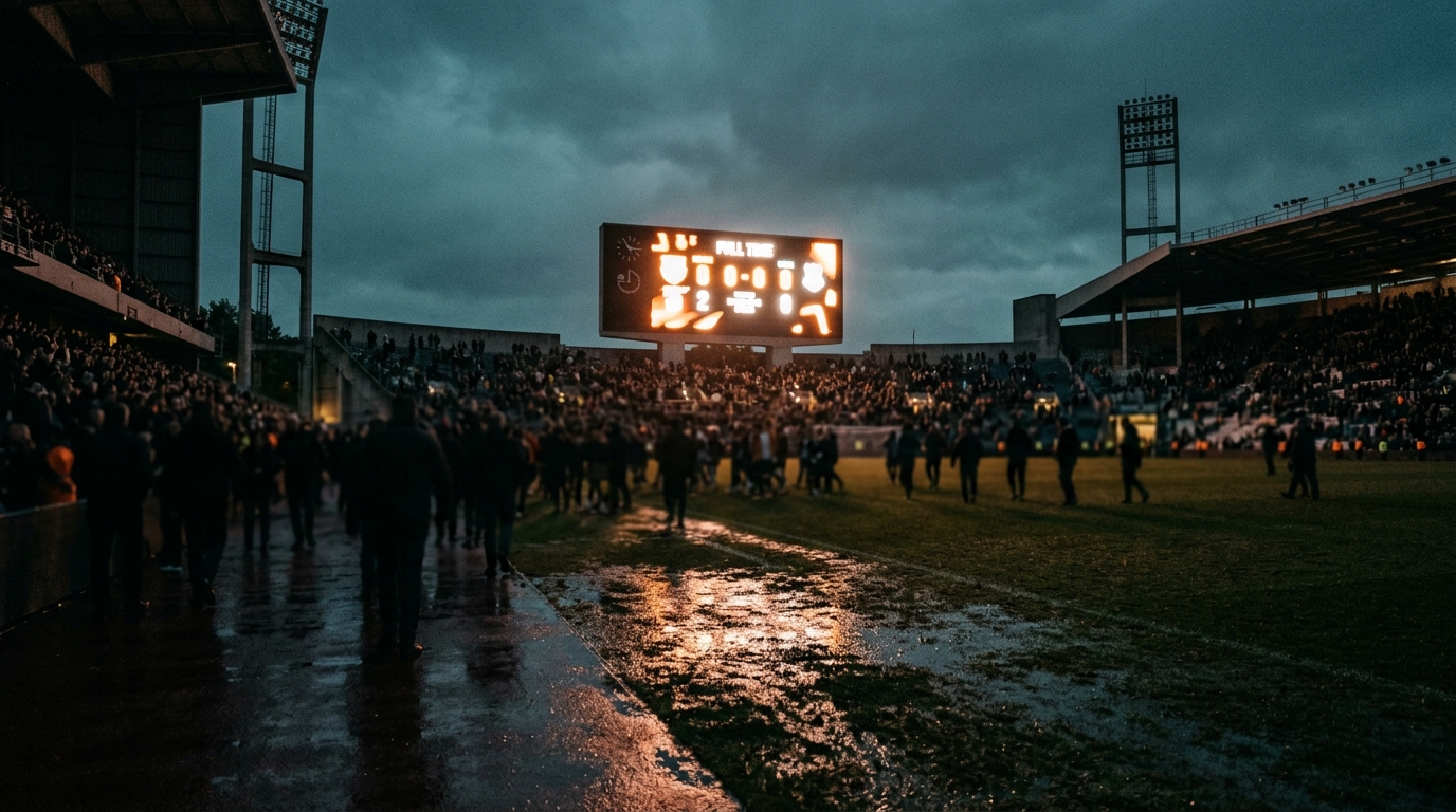 Stadium scoreboard glowing after full time with blurred crowd silhouettes