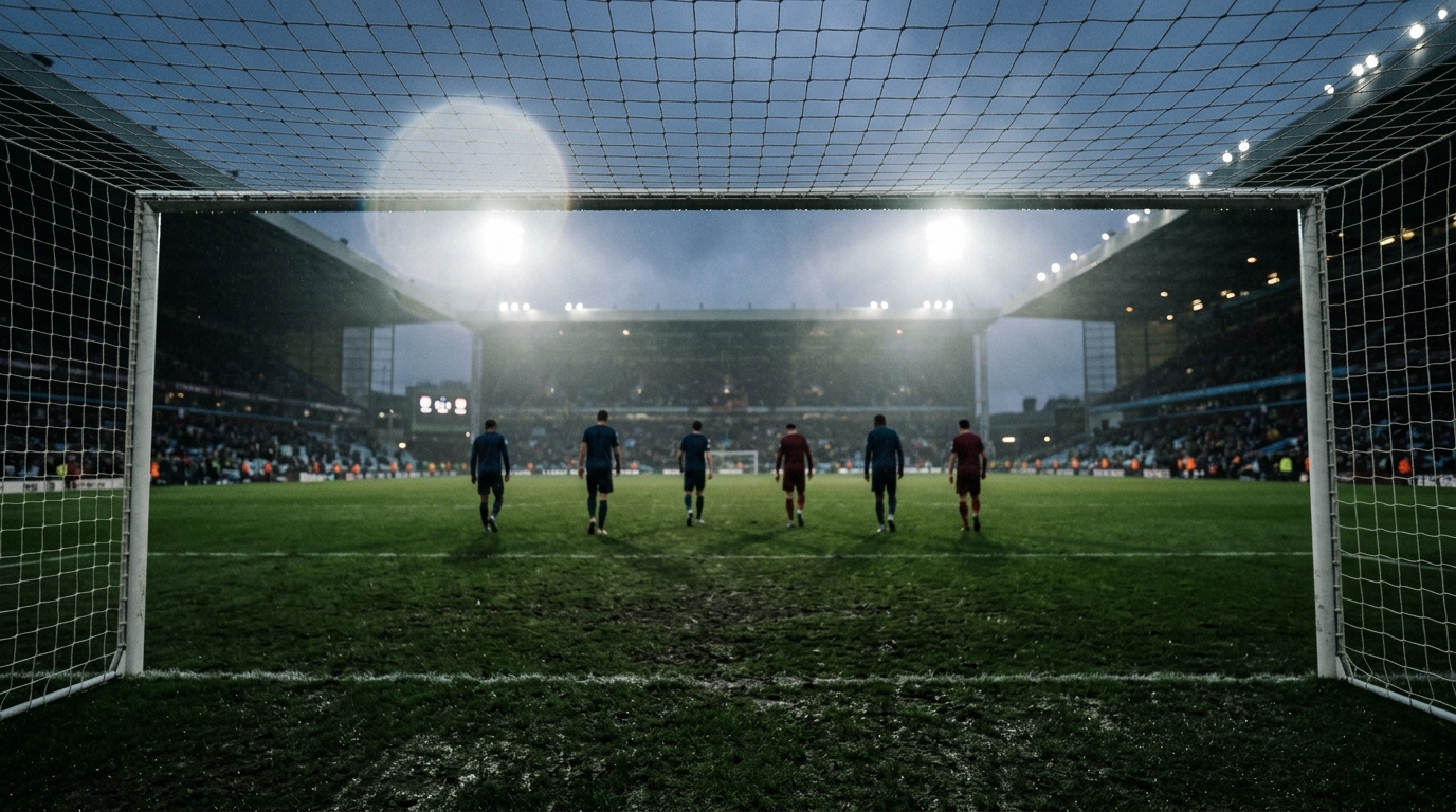 Goal net and players walking off after a goalless draw under floodlights