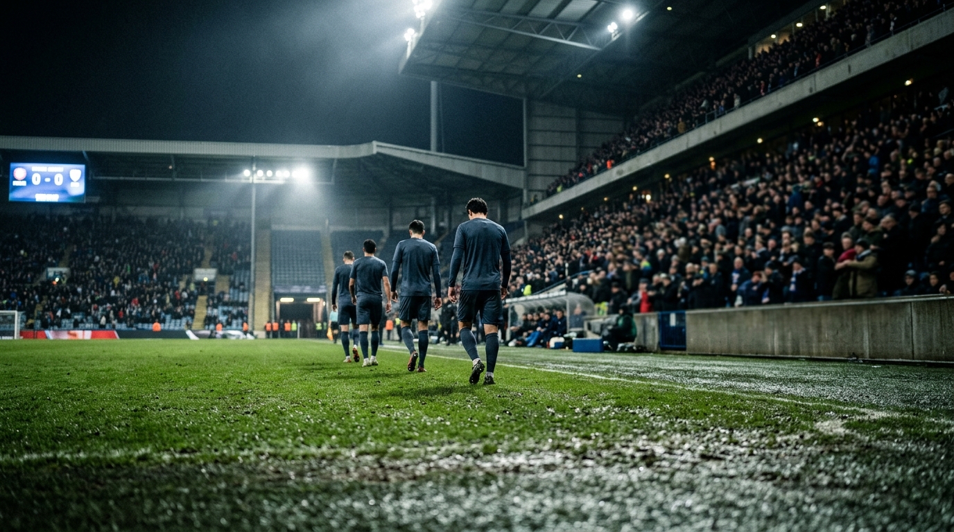 Unbranded players walking off a floodlit pitch at full time after a goalless Nations League draw