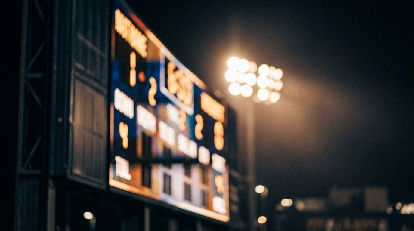 Stadium scoreboard glowing at night with blurred digits