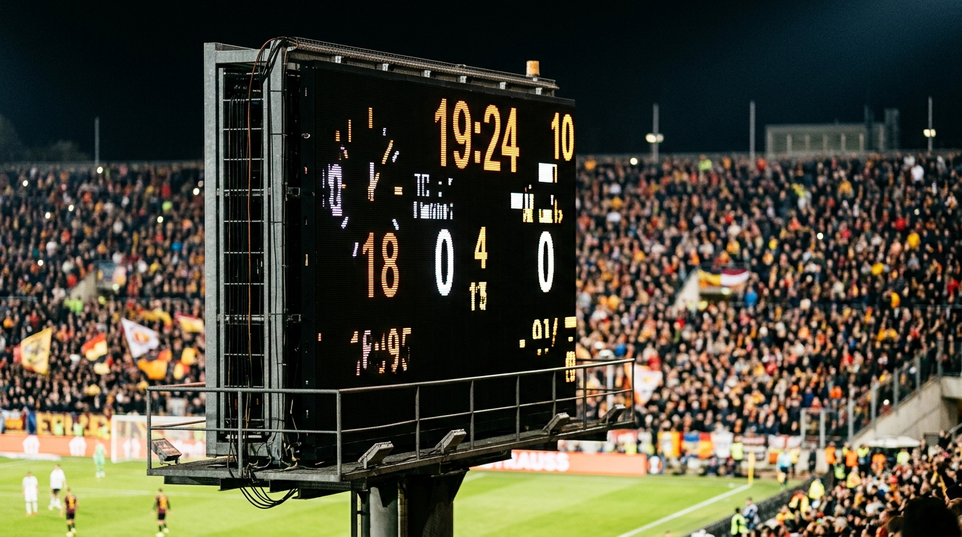 Stadium scoreboard at night with blurred crowd.