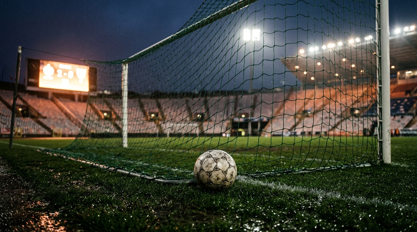 Match ball in the goal net under floodlights after a full-time whistle