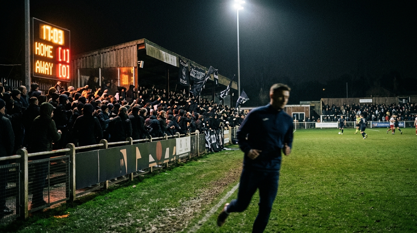 Lower-league cup ground at night with scoreboard glow and silhouetted supporters