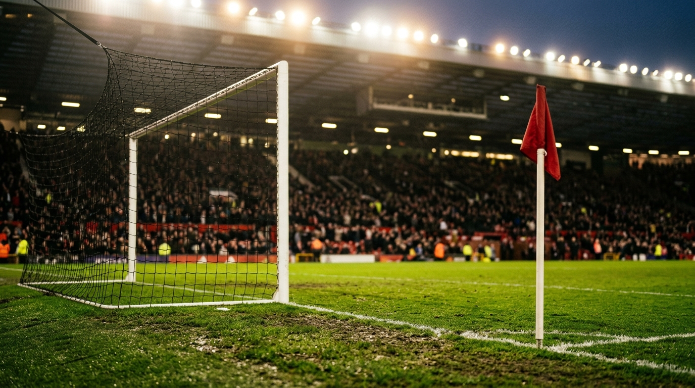 Goal net and corner flag after the final whistle under stadium floodlights