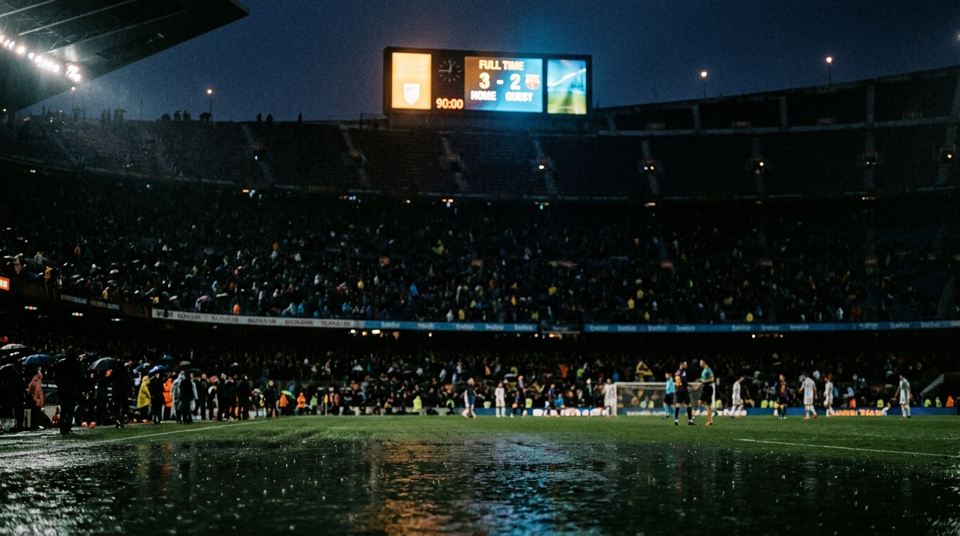 Stadium scoreboard glowing at full time above silhouetted crowd and wet pitch
