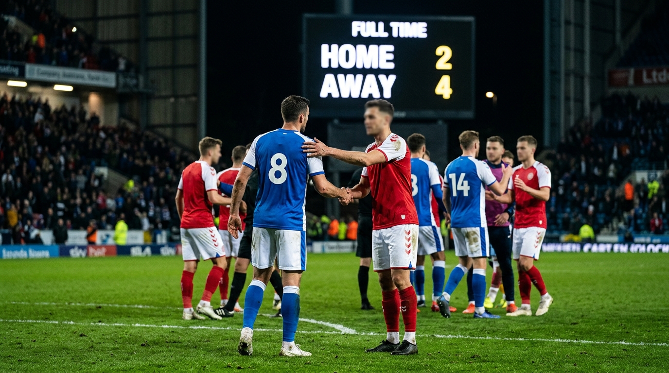 Football players shaking hands at full-time under stadium floodlights.