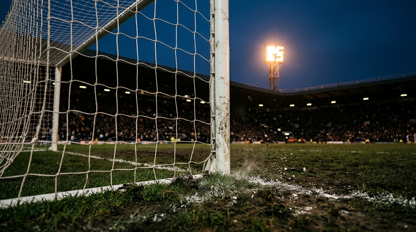 Goal net and post under floodlights at dusk after full time