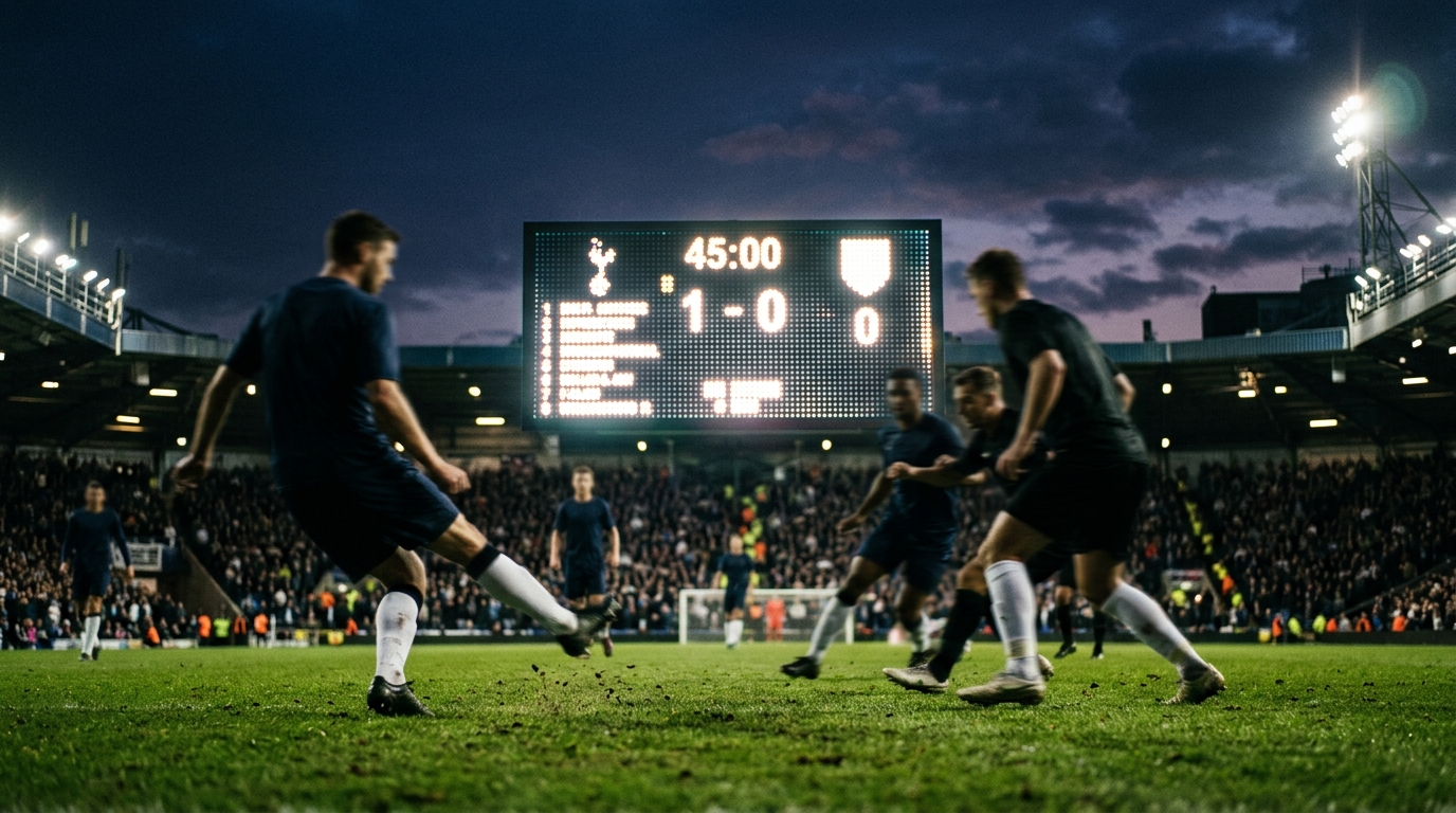 Glowing stadium scoreboard against the night sky with blurred players in the foreground